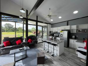 a living room with a couch and a kitchen at Brisas del Volcán BnB in Fortuna