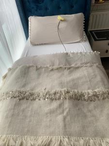 a bed with a white comforter and a pillow at Casa Wellness am Wald 140 qm Bed & Breakfast & Wellness in Mörlenbach +145 photos
