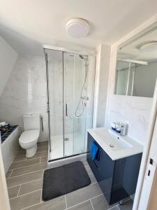 une salle de bain avec douche, lavabo et toilettes dans l'établissement Ty Glas des Abers, à Lannilis