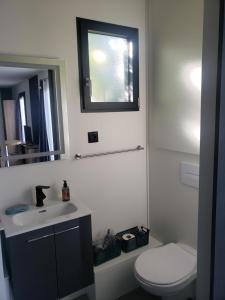 a bathroom with a toilet and a sink and a mirror at Campaville in Maurepas