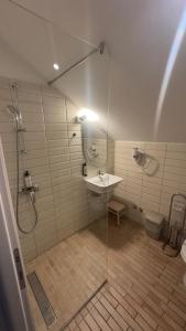 a bathroom with a glass shower and a sink at Villa Piazzetta in Bacău
