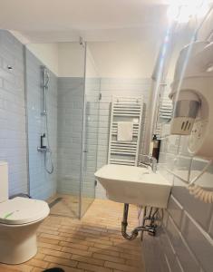 a bathroom with a sink and a toilet at Villa Piazzetta in Bacău +23 photos