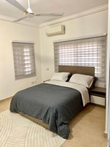 a bedroom with a bed and a ceiling fan at Cozy and Comfortable 2 bedroom for Families Home-away near Airport in Accra