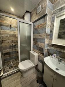 a bathroom with a toilet and a sink at Pirin Elegance Apartment by Gondola Lift in Bansko +8 photos