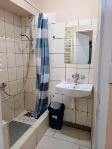 a bathroom with a shower curtain and a sink at Rajca Room's - Pokoje przy Jasnej Górze in Częstochowa +49 photos