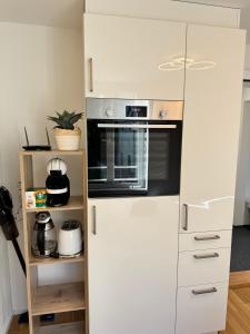 a kitchen with a white refrigerator and a microwave at Mc Solutions Apartment im Zentrum in St. Gallen