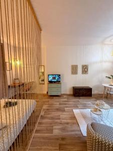 a living room with a couch and a tv at Le Petit Bohème - WiFi - Hyper-Centre in Bourges