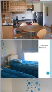 eine Küche und ein Esszimmer mit einem Tisch in der Unterkunft Departamento con piscina en condominio WIFI frente a la playa in Algarrobo