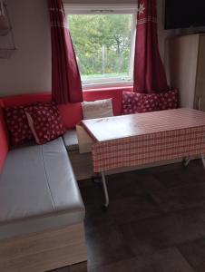 a living room with a couch and a table at Mobilhomme munster in Munster