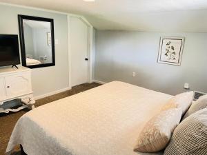 a bedroom with a bed and a mirror and a television at Playground Fence near Beach Mall Casino in Michigan City