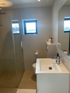 a bathroom with a shower and a sink and a toilet at Peaceful rooms in a Modern and comfortable home in Asker +8 photos