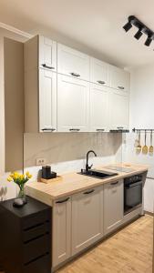 a kitchen with white cabinets and a sink at The Green Nest in Surčin