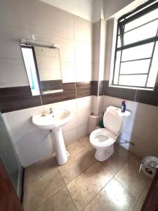 a bathroom with a toilet and a sink at Milele Homes- Ruaka View Aprt in Nairobi