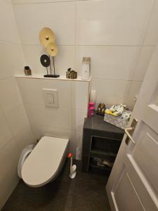 a small bathroom with a toilet and a mirror at Luxus Apartman in Szombathely +8 photos