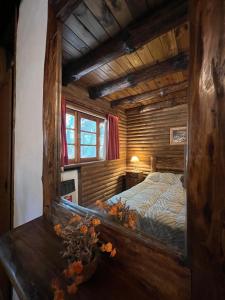 a bedroom with a bed in a wooden cabin at Cabañas La Brama in Aluminé