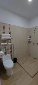 a bathroom with a toilet and a shelf of towels at Casa rayón 1 in Tuxpan
