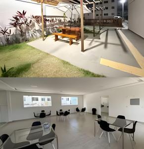 2 Aussicht auf ein Zimmer mit Tischen und Stühlen in der Unterkunft 1102 apto 2 Qtos-Wi-Fi-Piscina-Verão-Varanda-Vista in Ilha da Restinga