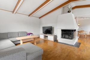 un soggiorno con divano e camino di Roestbakken Horizon a Guleng