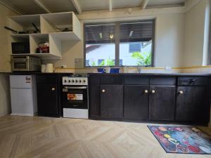 a kitchen with a stove and a window in it at MIRZ Accomodation Villa 2 in Pacific Harbour