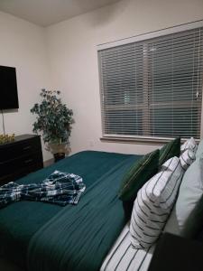 リチャードソンにあるOur Cozy homeのベッドルーム1室(緑のシーツが敷かれたベッド1台、窓付)