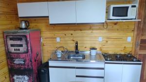 a small kitchen with a stove and a microwave at Morada dos Lagos in São José dos Ausentes