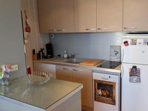 une cuisine avec un réfrigérateur blanc et un évier dans l'établissement Appartement lumineux 3 pièces 6/7 pers à Orcières Merlette - FR-1-262-192, à Forest des Baniols 8 autres photos