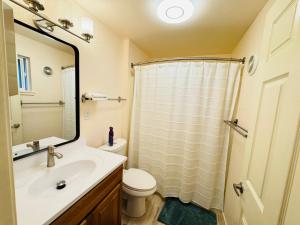 フォークスにあるComfy Stay near Olympic National Parkの洗面台、トイレ、鏡のあるバスルーム +29枚の写真