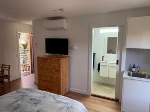 a bedroom with a television on a dresser and a kitchen at Studio granny flat in Sydney