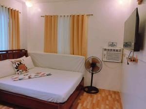 una habitación con una cama, un televisor y un ventilador en CABIN C at Bigang Munti Beach Resort, en Bootin