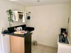 a small kitchen with a counter and a microwave at Apartamento Aldeia das Águas l Condomínio Village das Águas in Barra do Piraí
