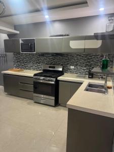 a kitchen with a stove and a sink at Perfect Stays Ja in Montego Bay