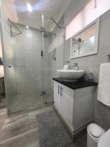 a bathroom with a sink and a glass shower at Harmonie in Hartenbos in Mossel Bay