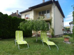 dwa zielone krzesła siedzące w trawie przed domem w obiekcie Apartmány Horalka w Liptowskim Mikulaszu
