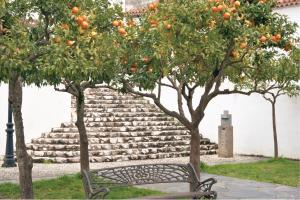 Un banco sentado debajo de dos árboles frente a unas escaleras. en Apartamento Tenerías Gruta by SIERRA VIVA, en Aracena