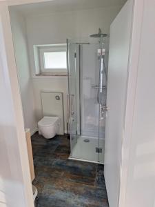 LudmannsdorfにあるAmrum Chaletのシャワーとトイレ付きのバスルーム