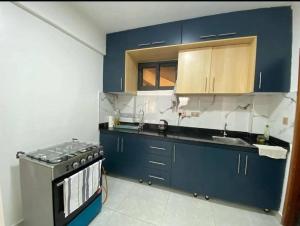 a kitchen with blue cabinets and a sink and a stove at Estancia Residences Naguru in Kampala