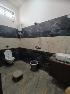 a bathroom with a toilet and a sink and a commode at NANDANAVANA Homestay in New Hampi +8 photos