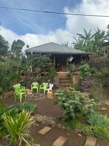a garden with green chairs and a house at Mai Kilimanjaro Home Stay in Marangu