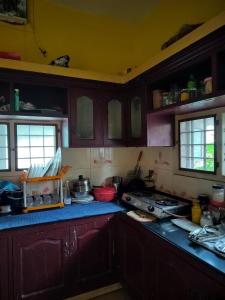 a kitchen with wooden cabinets and a counter top at Honza Hostel in Cochin