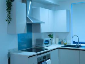 ヘメル・ヘムステッドにあるHemel Apartments - LuxeStayのシンクと電子レンジを備えた白いキッチン +33枚の写真