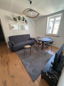un salon avec un canapé et une table dans l'établissement Calme et confort au cœur du vieux Troyes, à Troyes