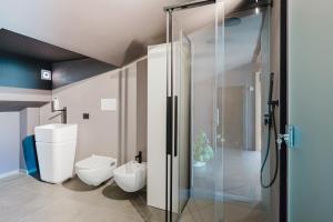 a bathroom with a toilet and a glass shower at Gc Luxury Apartments e Spa in Santa Margherita di Belice +50 photos