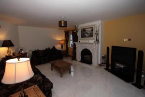 - un salon avec un canapé et une cheminée dans l'établissement The Meadows Guest House, à Ballintogher