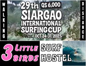 a poster for a surfing event in the ocean at Three Little Birds Surf Hostel in General Luna