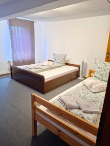 a bedroom with two beds and a window at Royal Guest House Apartment in Mönchengladbach
