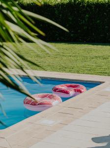 three red frisbees in a swimming pool at Jerónimos Garden & Pool Villas in Lamego +6 photos