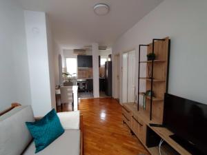 ノヴィサドにあるApartman Matica Srpska sa garazomのソファと薄型テレビのあるリビングルーム +2枚の写真