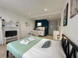 a bedroom with a bed and a living room at C Helsinki - Studio cosy près du centre-ville in Charleville-Mézières