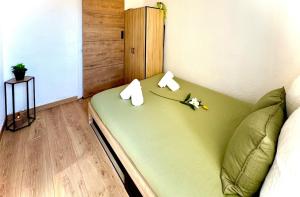 a green couch with flowers on it in a room at Le Joyau d'Aristide - Appartement Confort en Hyper-Centre à deux pas du Théâtre Antique - Climatisation in La Celle-sous-Gouzon +18 photos