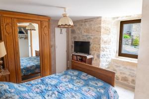 a bedroom with a bed and a tv at Gîte La Maison Bleue 4/6 personnes in Saint-Étienne-du-Valdonnez